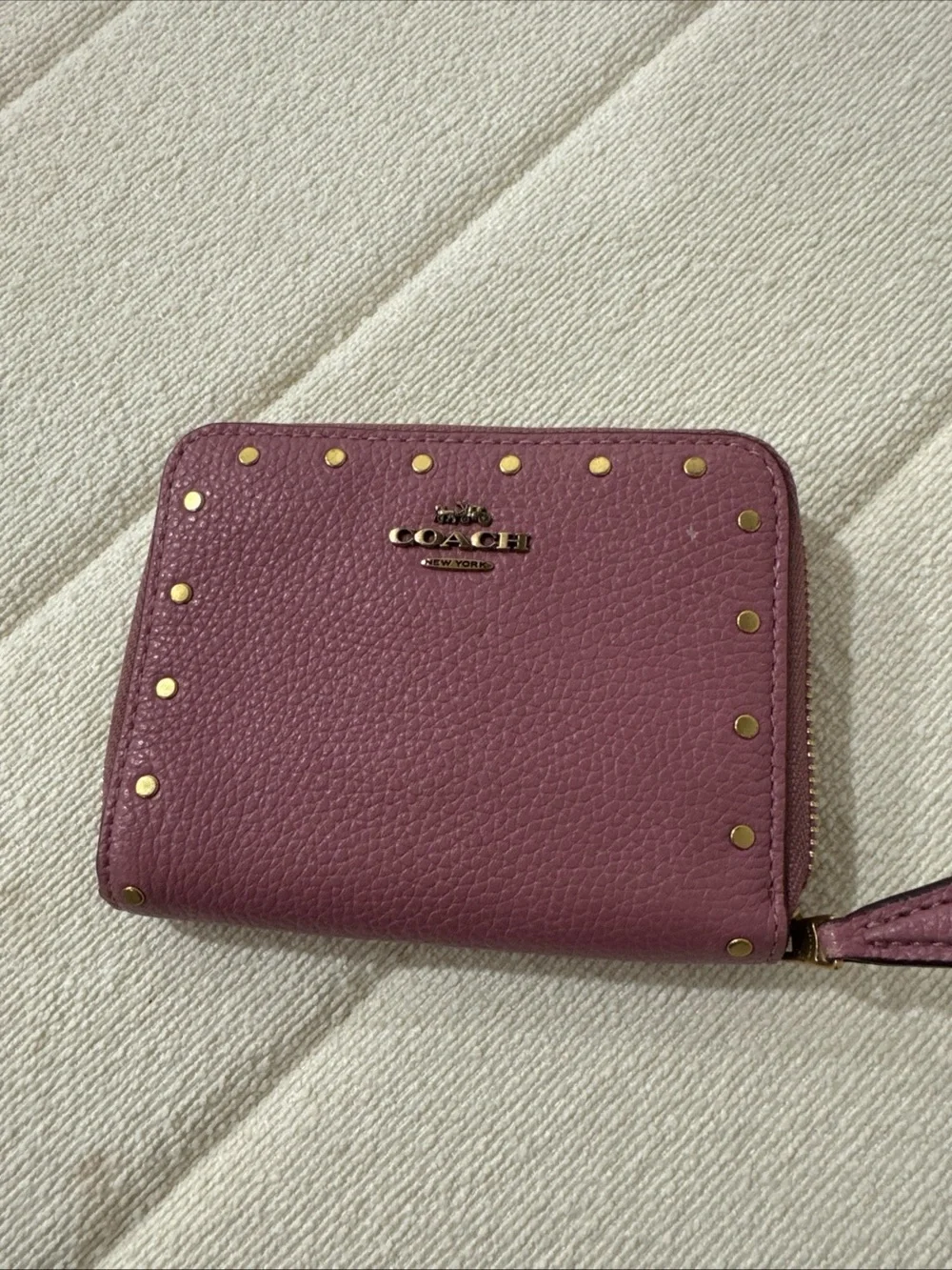 Coach Dusty Rose Pebbled Leather Zip Wallet with Gold Studs
